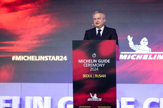 Michelin Korea's managing director Jerome Vincon speaks during the Micheline Guide Ceremony 2024 Seoul and Busan at Signiel Busan, on Thursday. [SCREEN CAPTURE]