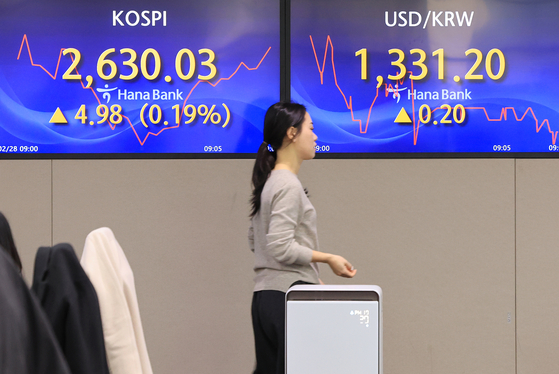 Screens in Hana Bank's trading room in central Seoul shows the stock market price as it opens on Wednesday. [YONHAP]