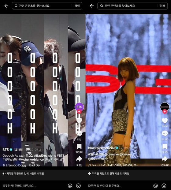 "Bad Decisions" and "SG," both songs which feature members of BTS and Blackpink, are no longer available on TIkTok, while existing videos became muted. [SCREEN CAPTURE]