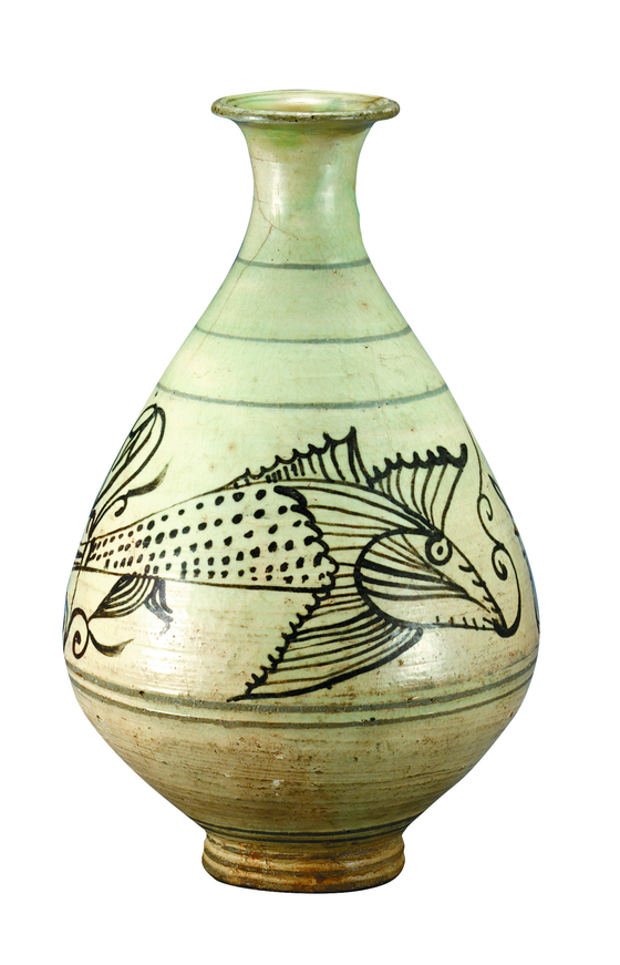 Buncheong Bottle with Lotus and Fish Design in Underglaze Iron Brown [NATIONAL MUSEUM OF KOREA] 