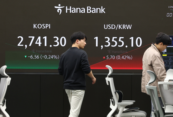 A screen in Hana Bank's trading room in central Seoul shows the stock market prices as it opens on Tuesday. [YONHAP]