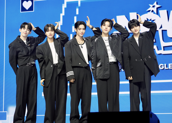 Rookie boy band Nowadays poses for photos during a showcase at Blue Square Mastercard Hall in central Seoul promoting its debut single ″Nowadays″ on Tuesday. The quintet is Cube Entertainment's first new boy band since the launch of Pentagon eight years ago. Nowadays is also the company's first new band since the debut of (G)I-DLE six years ago. [DANIELA GONZALEZ PEREZ] 