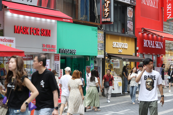 Beauty road shops in Myeong-dong, Jung District, central Seoul on Aug. 20, 2023 [NEWS1]