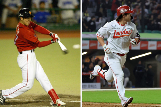 Left: Choi Jeong hits a two-run home run for the SK Wyverns in his sophomore year in the KBO in 2006. Right: Choi rounds the bases after tying the all-time KBO home run record with 467 career home runs on Tuesday. [JOONGANG ILBO; YONHAP] 