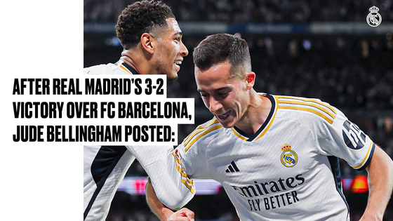 Real Madrid midfielder Jude Bellingham, left, celebrates with his teammate Lucas Vazquez. [ONE FOOTBALL]