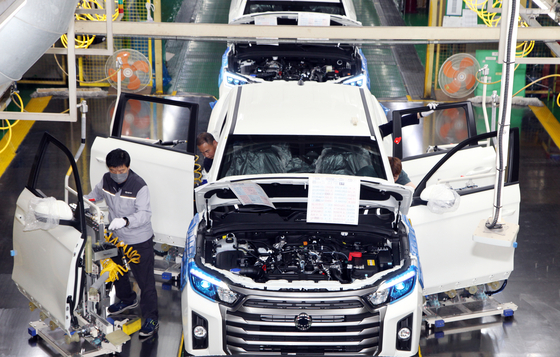 The Torres EVX being made at KG Mobility's plant in Pyeongtaek, Gyeonggi, on Tuesday [KG MOBILITY]