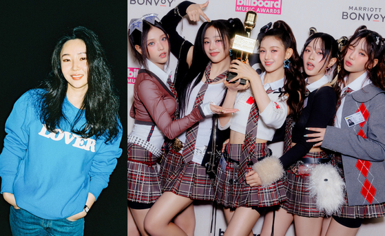 ADOR CEO Min Hee-jin, left, and girl group NewJeans, managed by HYBE subsidiary ADOR [ADOR]