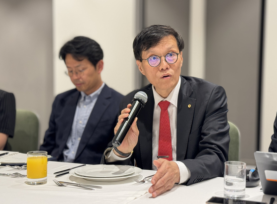 Bank of Korea Gov. Rhee Chang-yong speaks during a press conference held in Tbilisi, Georgia, on Thursday. [BANK OF KOREA]