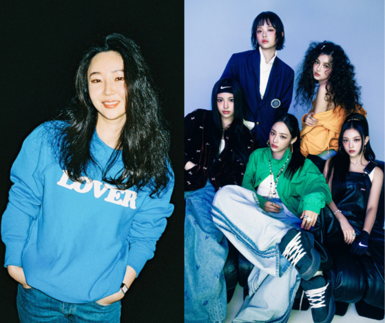 Min Hee-jin, the producer of girl group NewJeans and CEO of agency ADOR at left, and NewJeans [ADOR]