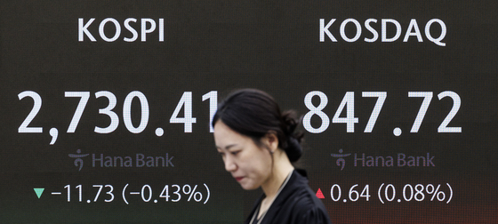 A screen in Hana Bank's trading room in central Seoul shows the stock market prices as it opens on Tuesday. [YONHAP]