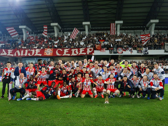 Red Star Belgrade celebrate winning the Serbian Cup final at Lagator Stadium in Serbia in a photo shared on the club's official Instagram account on Tuesday. [SCREEN CAPTURE]