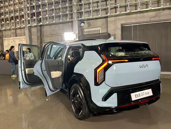 Kia's EV3 compact SUV, its third all-electric vehicle developed with its E-GMP EV-dedicated platform after the EV6 and EV9. [SARAH CHEA] 