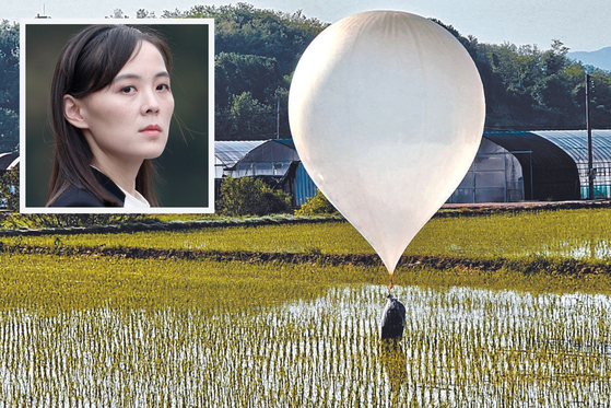 Main: A balloon suspected to be sent from North Korea is spotted on a rice farming field in Gangwon on Wednesday. Insert: Kim Yo-jong, the sister of North Korean leader Kim Jong-un [YONHAP]