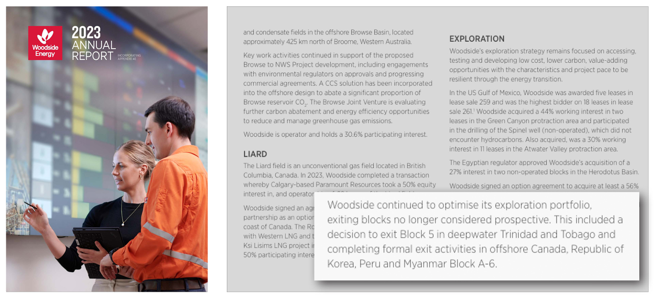 Woodside's 2023 business report announcing the exit of an oil exploration project with the Korean government [SCREEN CAPTURE]