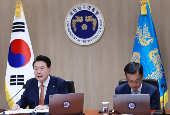 President Yoon Suk Yeol speaks during a Cabinet meeting at Yongsan presidential office in central Seoul on Tuesday. [YONHAP] 