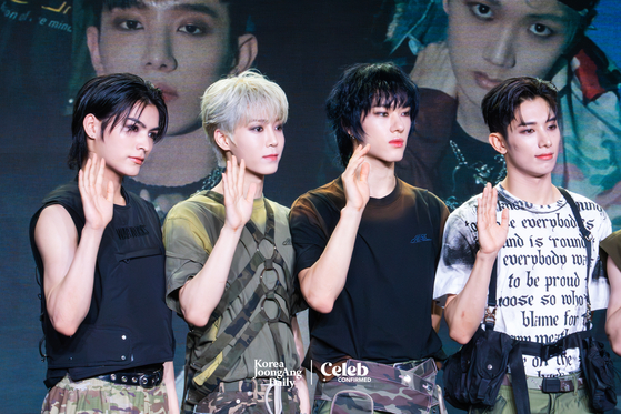 Boy band All(H)ours poses for the camera during a press showcase Tuesday at the Ilchi Art Hall in Gangnam District, southern Seoul. [DANIELA GONZALEZ PEREZ]