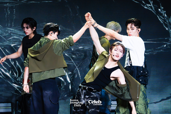Boy band All(H)ours performs ″SHOCK″ during a press showcase Tuesday at the Ilchi Art Hall in Gangnam District, southern Seoul. [DANIELA GONZALEZ PEREZ]