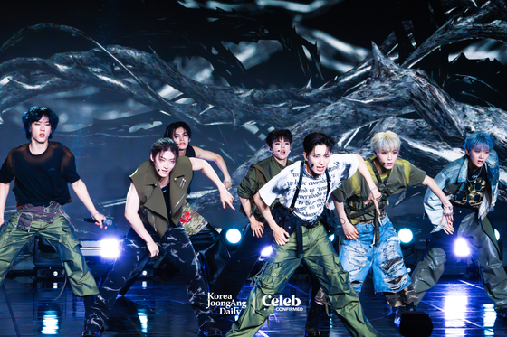 Boy band All(H)ours performs ″SHOCK″ during a press showcase Tuesday at the Ilchi Art Hall in Gangnam District, southern Seoul. [DANIELA GONZALEZ PEREZ]