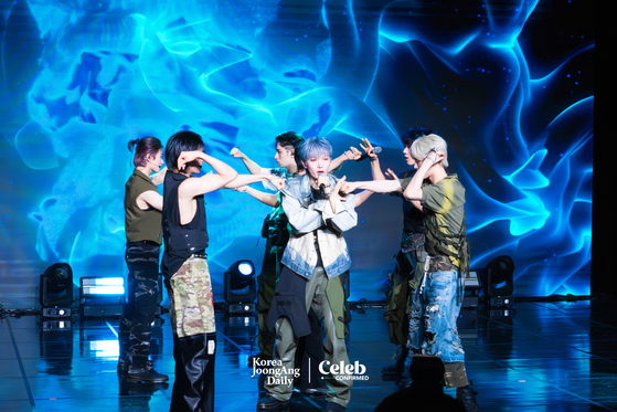 Boy band All(H)ours performs ″SHOCK″ during a press showcase Tuesday at the Ilchi Art Hall in Gangnam District, southern Seoul. [DANIELA GONZALEZ PEREZ]