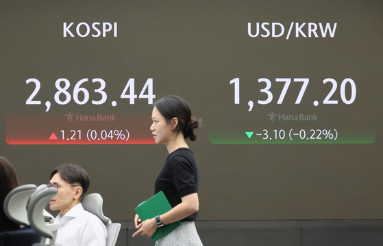 A screen in Hana Bank's trading room in central Seoul show the Kospi opening on Monday. [YONHAP]
