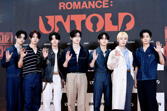 Boy band Enhypen poses for the cameras at its short film premiere event held at Megabox, Coex branch in Gangnam District, southern Seoul on June 22. [DANIELA GONZALEZ PEREZ]