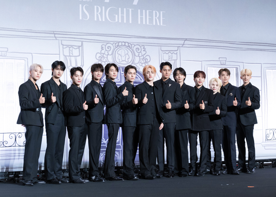Seventeen poses for the camera during a press conference for the boy band's first compilation album "17 is Right Here," held at the Conrad Seoul hotel in Yeongdeungpo District, western Seoul on April 29. [PLEDIS ENTERTAINMENT]