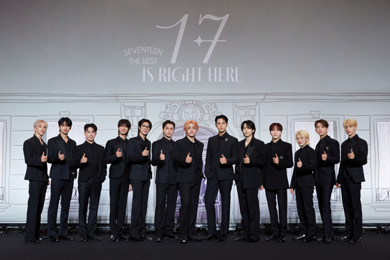 Seventeen poses for the camera during a press conference for the boy band's first compilation album "17 is Right Here," held at the Conrad Seoul hotel in Yeongdeungpo District, western Seoul on April 29. [PLEDIS ENTERTAINMENT]