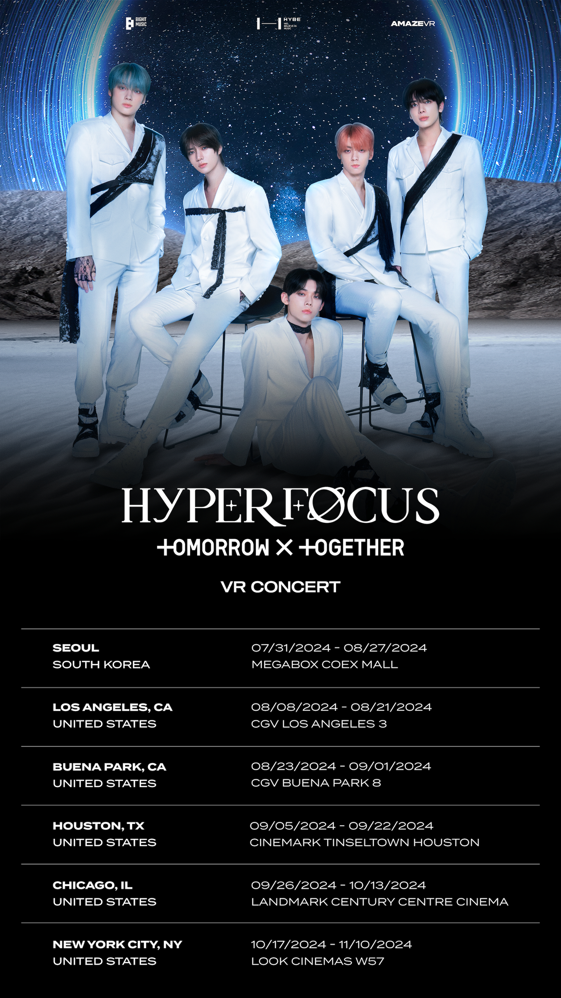 A poster of “Hyperfocus: Tomorrow X Together VR Concert″ screenings in the United States [AMAZEVR]