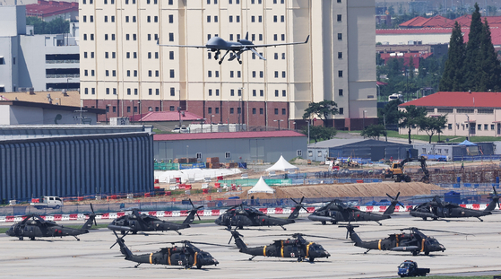 A General Atomics MQ-1C Gray Eagle unmanned aerial vehicle takes off from Camp Humphreys in Pyeongtaek, Gyeonggi, on Monday, the first day of the joint Ulchi Freedom Shield exercise by the South Korean and U.S. militaries. [YONHAP]