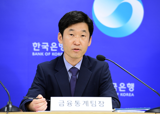 Kim Min-soo, head of the financial statistics team at the Bank of Korea (BOK), speaks during a press briefing held at the BOK headquarters in central Seoul on Tuesday. [BOK]