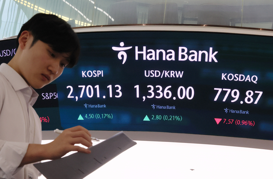 A screen in Hana Bank's trading room in central Seoul shows the Kospi closing at 2,701.13 points on Wednesday, up 0.17 percent, or 4.50 points, from the previous trading session. The Kosdaq dropped 0.96 percent, or 7.57 points, to 779.87. [YONHAP]