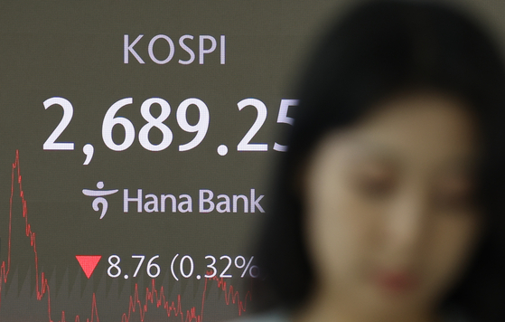 A screen in Hana Bank's trading room in central Seoul shows the Kospi closing at 2,689.25 points on Tuesday, down 0.32 percent, or 8.76 points, from the previous trading session. [YONHAP]
