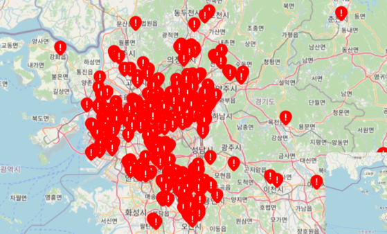A screen capture of a map by which individuals can look up which schools have been affected and their locations. The map was allegedly created by a middle school student after he heard that his classmates also fell victim to recent deepfake crimes. [SCREEN CAPTURE]
