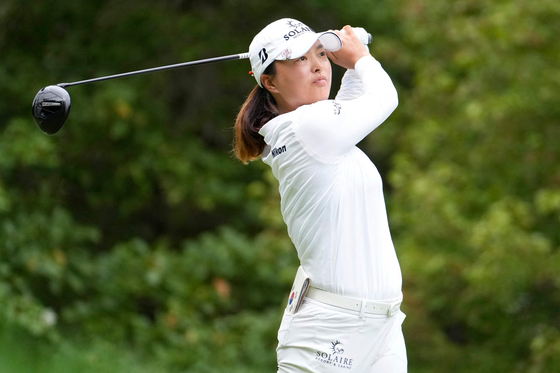 Ko Jin-young hits her shot from the second tee during the final round of the FM Championship 2024 at TPC Boston on Sunday in Massachusetts. [AFP/YONHAP]