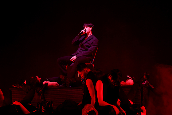 Bang Chan of boy band Stray Kids performing at the band's ″dominATE″ Seoul concert at the KSPO Dome in southern Seoul [JYP ENTERTAINMENT]