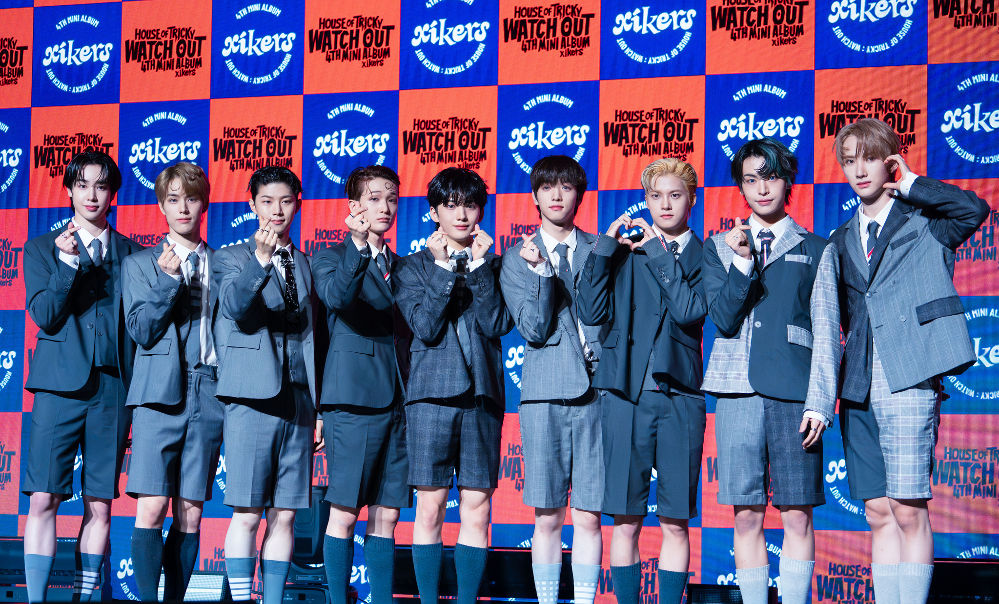The members of boy band xikers pose for the camera during a press showcase held in western Seoul Thursday afternoon, a day before the release of the band's fourth EP ″House of Tricky: Watch Out.” [DANIELA GONZALEZ PEREZ]