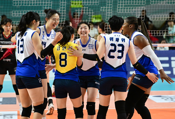 Suwon Hyundai Engineering & Construction Hillstate celebrate during the 2024 Korea Volleyball Federation Cup final against the Jung Kwan Jang Red Sparks at Tongyeong Gymnasium in Tongyeong, South Gyeongsang on Sunday. [KOVO]