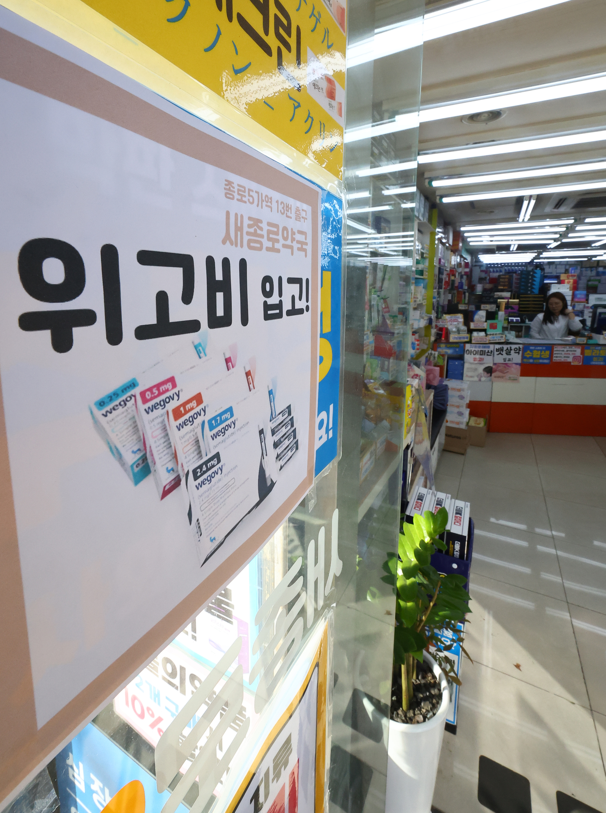 A sign at a pharmacy in Jongno District, central Seoul, says that Wegovy, a weight-loss drug, is available for sale on Thursday. [YONHAP]
