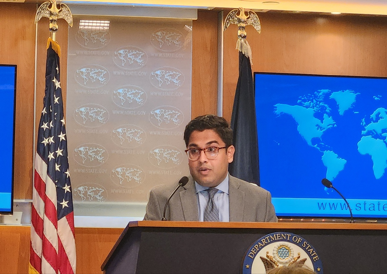  Vedant Patel, the State Department's deputy spokesperson, speaks during a press briefing on Tuesday at the department in Washington. [YONHAP]