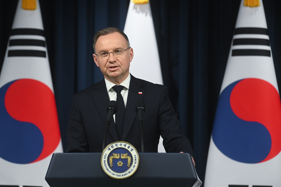 Polish President Andrzej Duda speaks during a joint press conference with President Yoon Suk Yeol, not pictured, at the Presidential Office in Seoul, South Korea, on Oct. 24. [EPA/YONHAP]