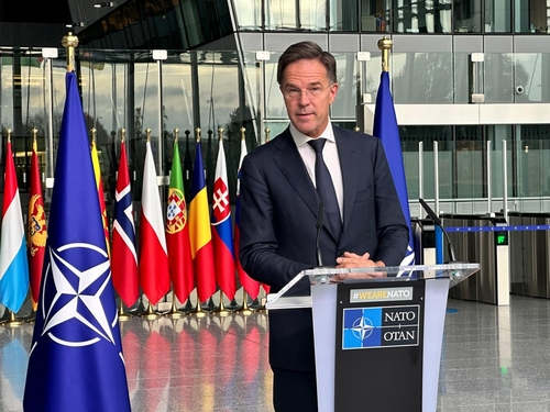 NATO Secretary General Mark Rutte speaks during a press briefing at the NATO headquarters in Brussels on Monday. [YONHAP]
