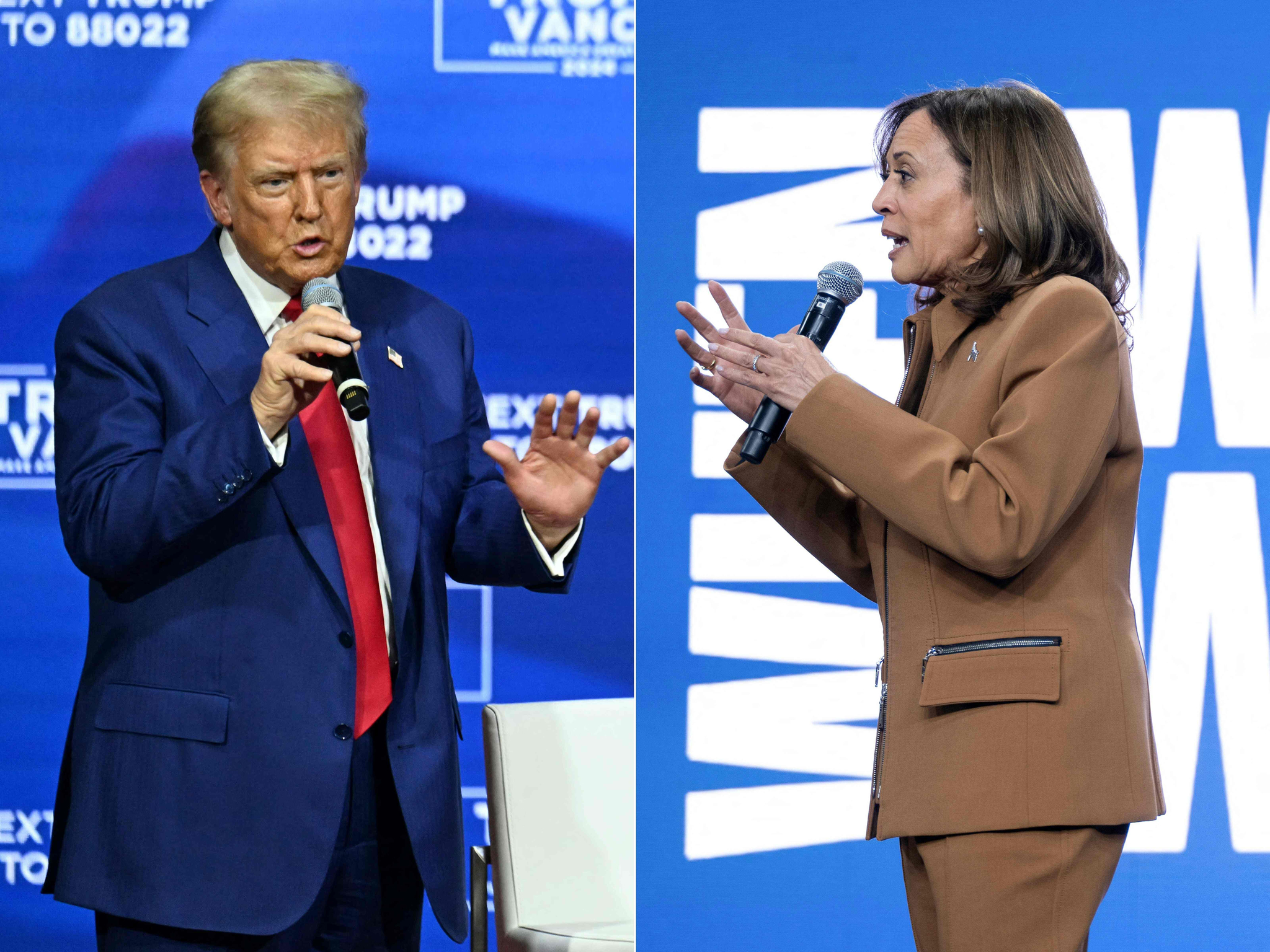 Former U.S. President and Republican presidential candidate Donald Trump, left, is seen in Oaks, Pennsylvania, on Oct. 14, and U.S. Vice President and Democratic presidential candidate Kamala Harris is in Kalamazoo, Michigan, on Oct. 26. [AFP/YONHAP]