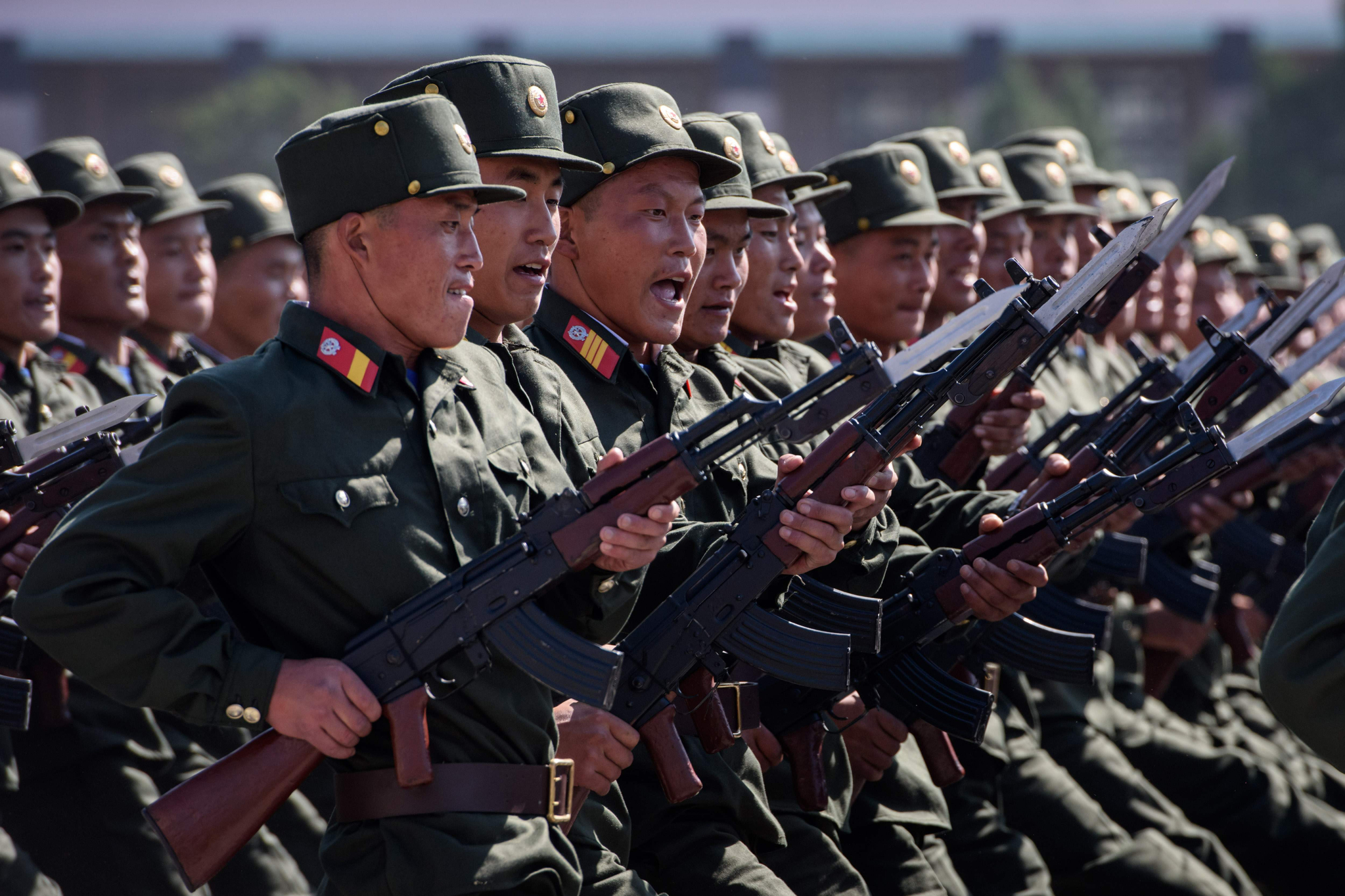 North Korea's Korean People's Army soldiers march during a mass rally in Kim Il Sung Square in Pyongyang on Sept. 9, 2018. [AFP/YONHAP]