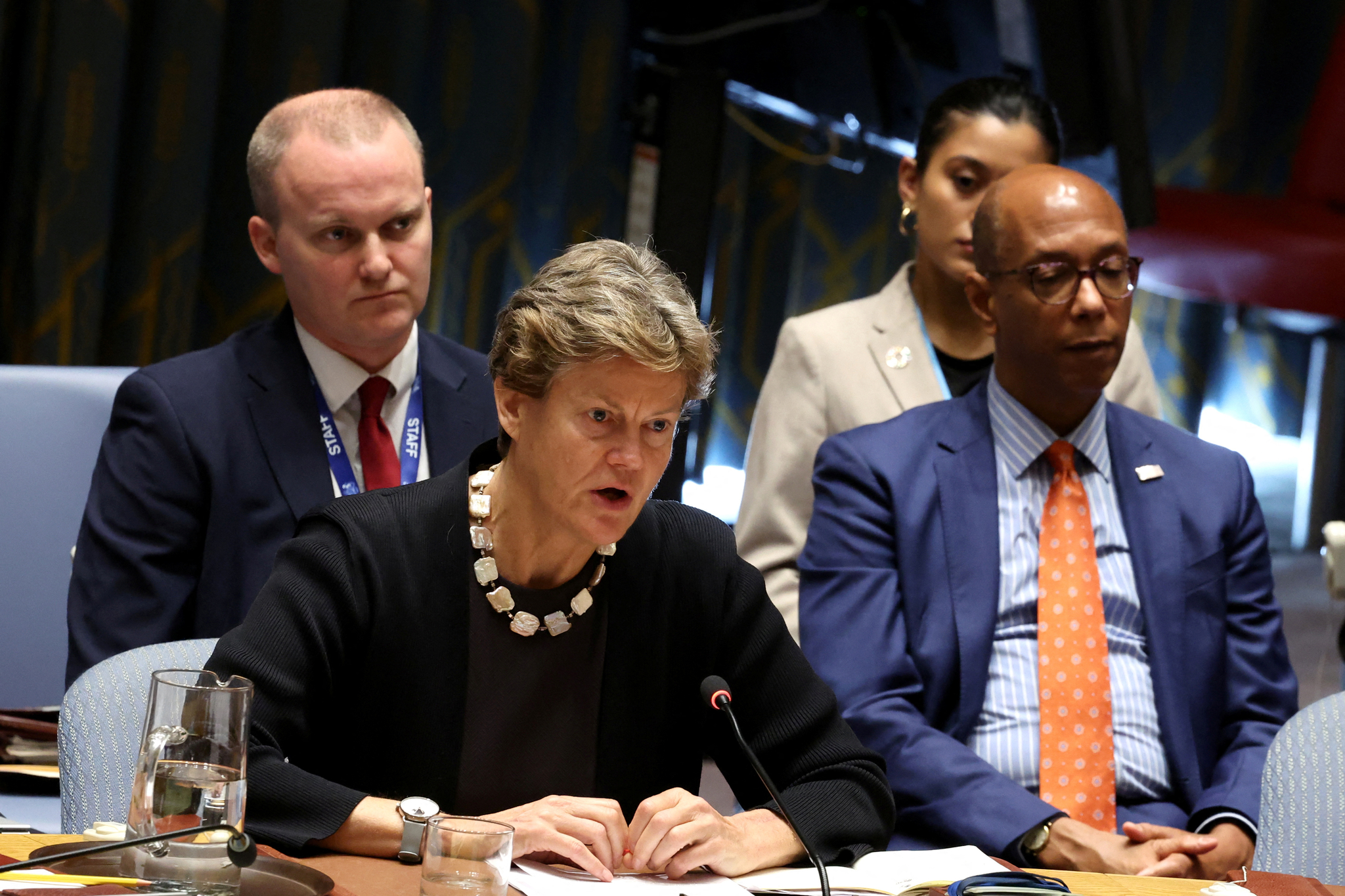 Britain's Ambassador to the United Nations, Barbara Woodward, speaks during a United Nations Security Council meeting on the situation in Gaza at UN headquarters in New York on Oct. 16, 2024, in this photo released by Reuters. [YONHAP] 