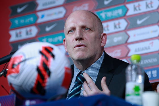 Then-Korea Fooball Association (KFA) National Team Committee Head Michael Muller speaks during a press conferece at KFA House in central Seoul on Feb. 28, 2023. [NEWS1] 