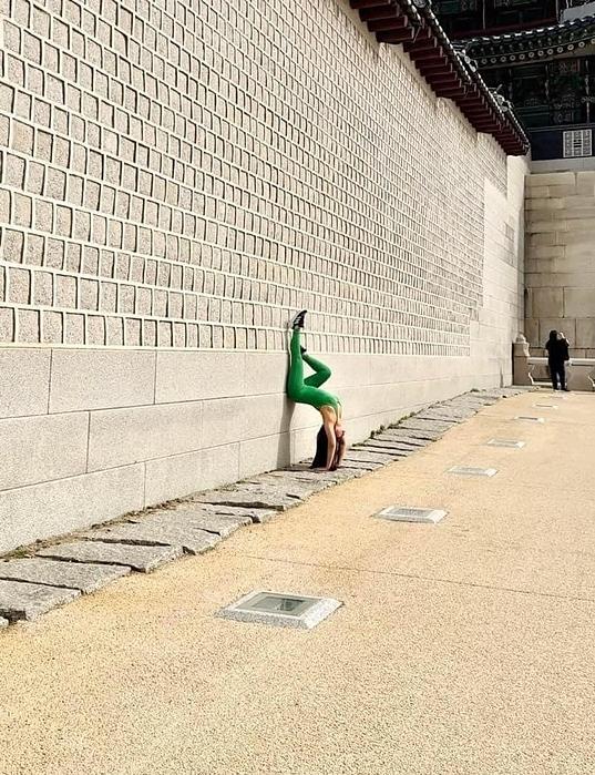 A photo shared on social media appears to show a Vietnamese tourist in a yoga pose leaning against Gyeongbok Palace in central Seoul.  [SCREEN CAPTURE]
