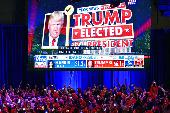 Supporters of Republican presidential candidate and former U.S. President Donald Trump celebrate as Fox News declares him the next winner of the 2024 White House race in West Palm Beach, Florida, on Wednesday. [AFP/YONHAP]