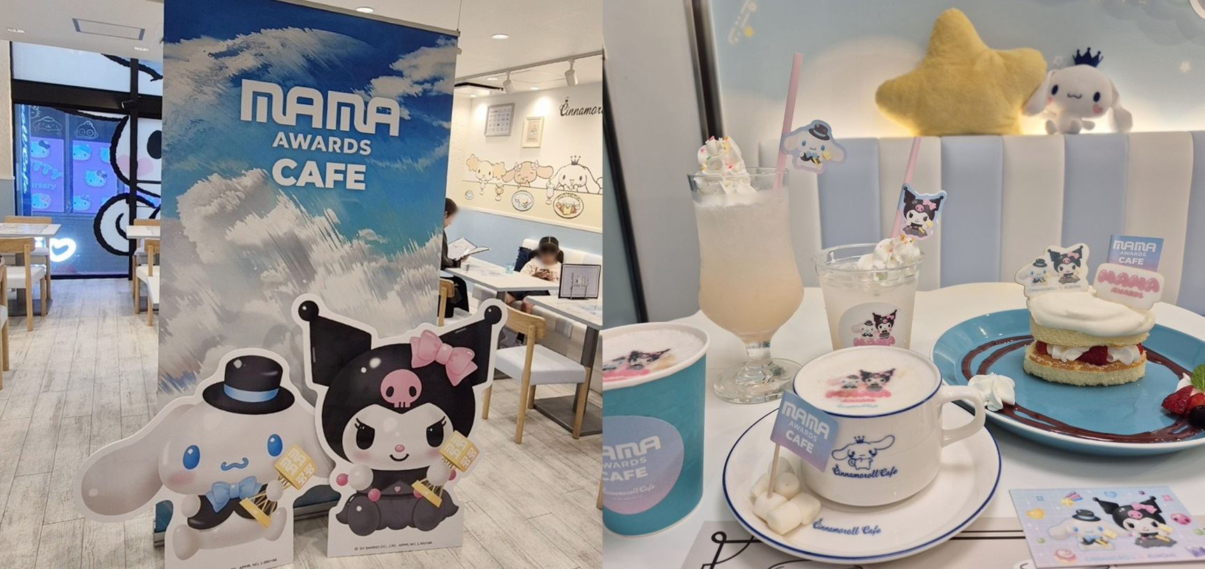 Merchandise items displayed at a pop-up cafe at Cinnamoroll Cafe Osaka Namba Ebisubashi [CJ ENM]