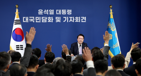President Yoon Suk Yeol takes questions during a press conference at the Yongsan presidential office in central Seoul on Thursday. [JOINT PRESS CORPS]
