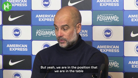 Manchester City manager Pep Guardiola speaks after his side's 2-1 loss to Brighton in the Premier League on Saturday. [ONE FOOTBALL]